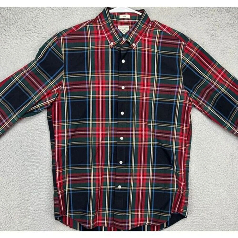 J Crew Shirt Mens Medium Black Multi Plaid Organic Cotton Blend Slim Button Down